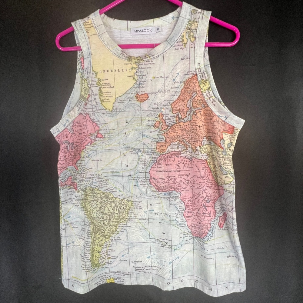 Misslook Women's Vintage World Map Print Tank Top Sleeveless Cotton Blend Medium